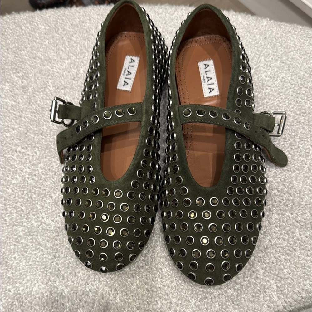 Alaïa Green Studded Buckle Flats - WORN ONCE